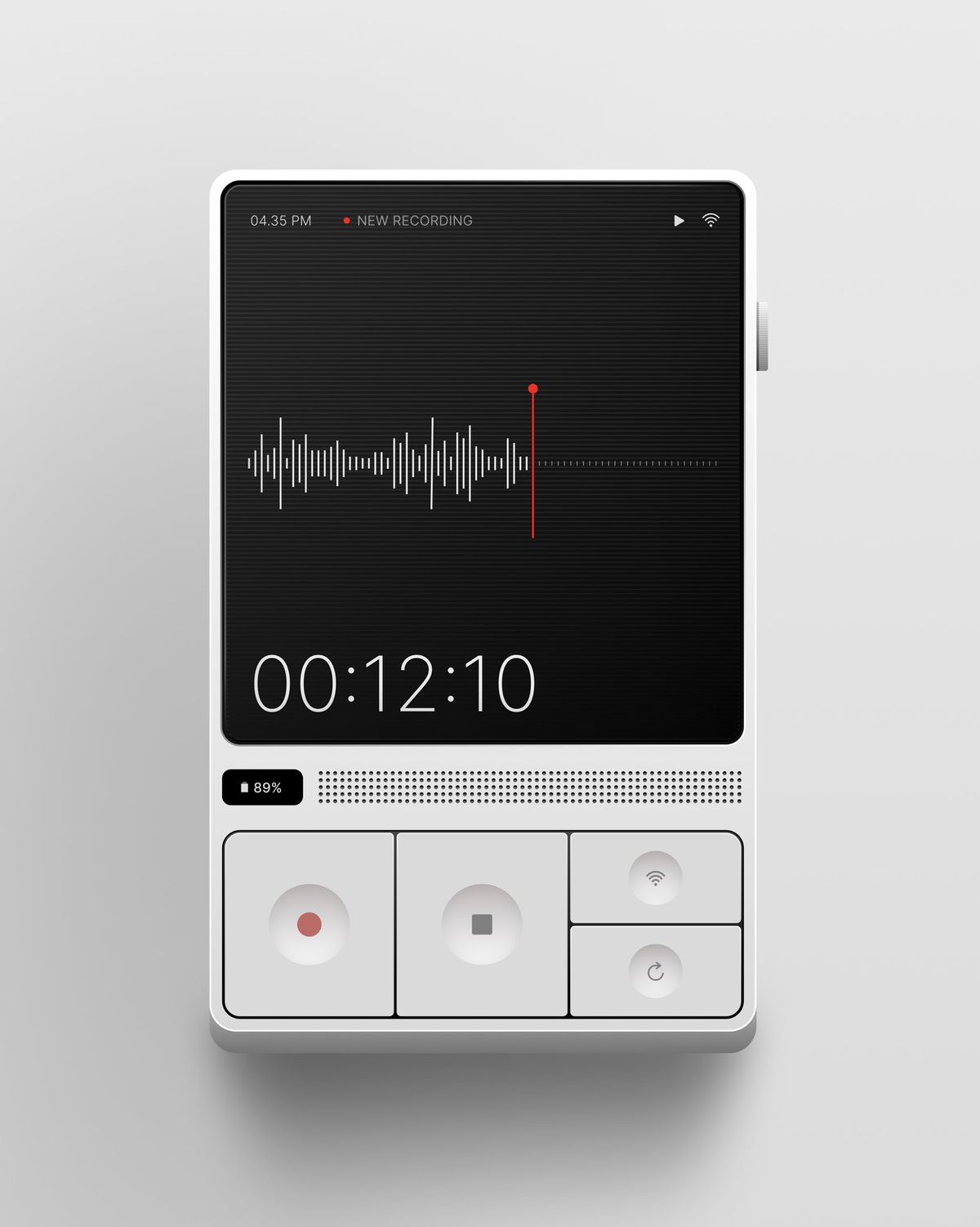 MARGIN — a tactile white pocket voice recorder with a black OLED screen showing a live waveform
